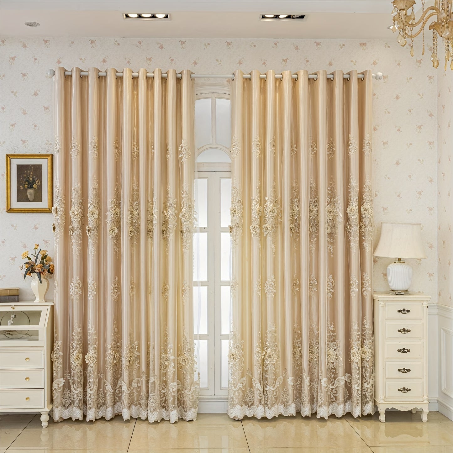 1pc Elegant Double-Layer Embroidered Curtain with Floral Patterns