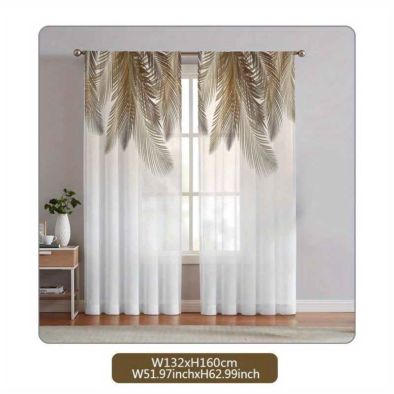 2pcs Yellow Feather Pattern Curtain, Rod Pocket Window