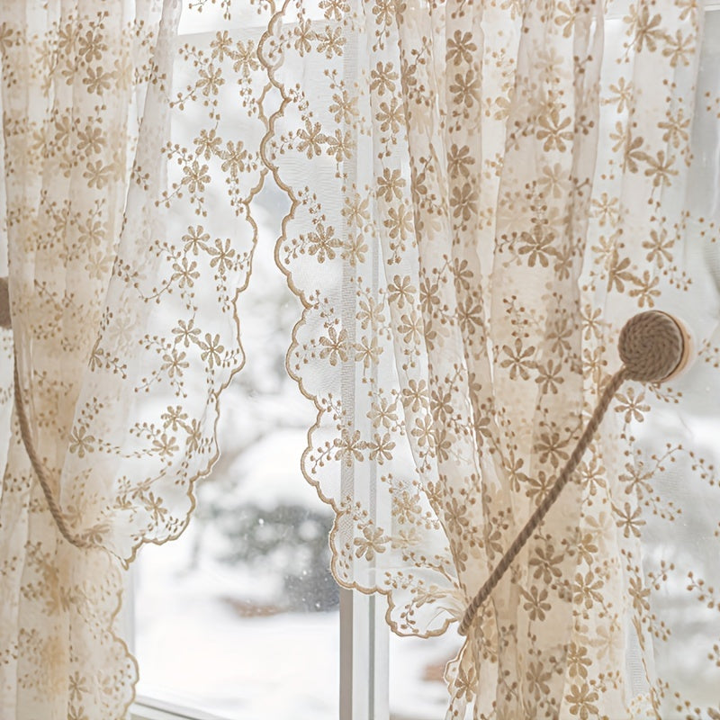 2PC French Style Lace Yarn Embroidered Sheer Tulle Curtains - Floral Pattern, Thermal Insulated, Rod Pocket Top for Living Room Kitand chen