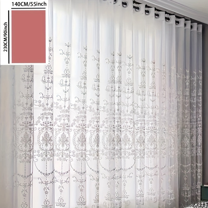 1pc Glam Embroidered Floral Grommet Top Curtain, Semi-Sheer Polyester Window Screen for Bedroom 120-140g