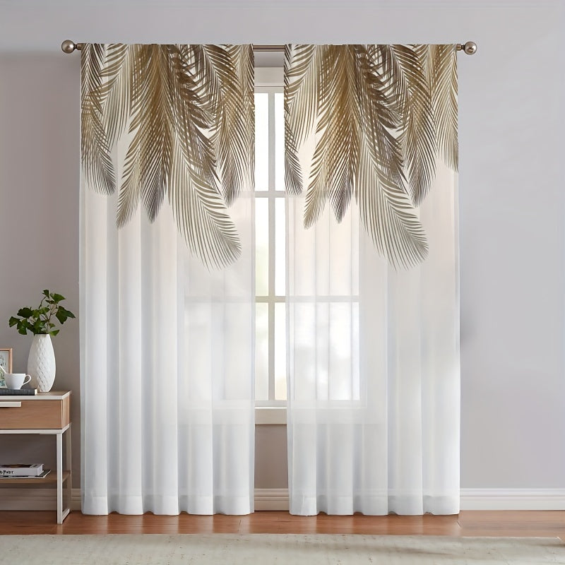 2pcs Yellow Feather Pattern Curtain, Rod Pocket Window