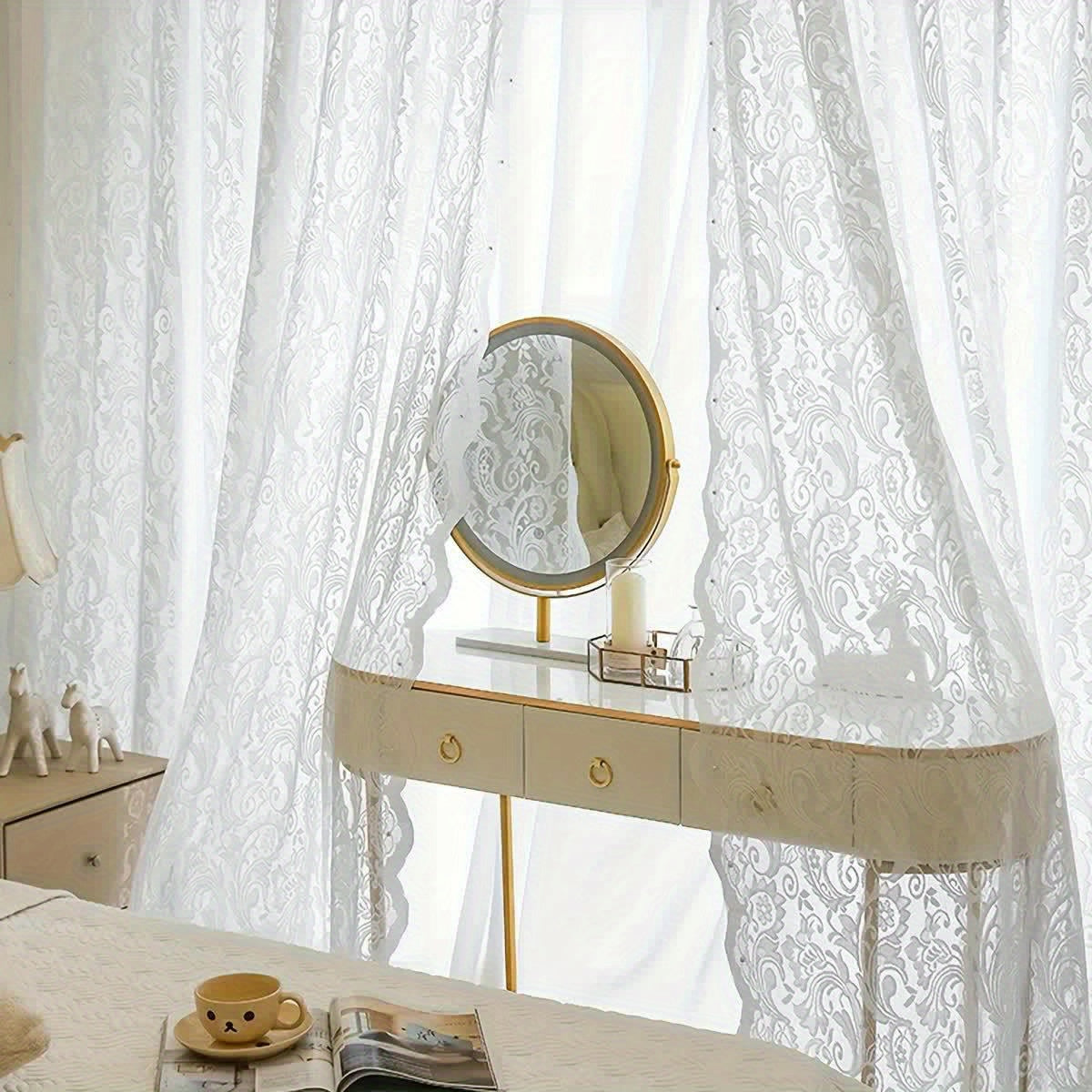 Chic Floral Sheer Curtain with Beaded Lace Trim