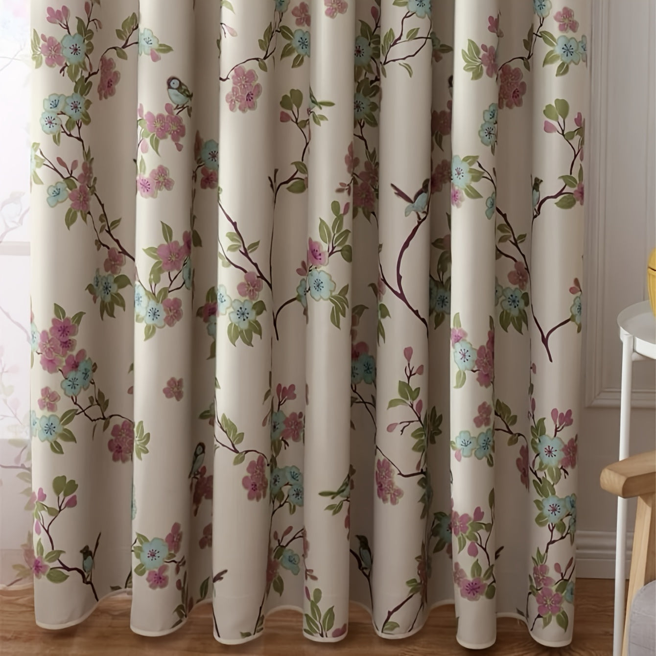 1pc Small Floral Print Blackout Curtain Grommet Top Curtain For Living Room Office Home Decor