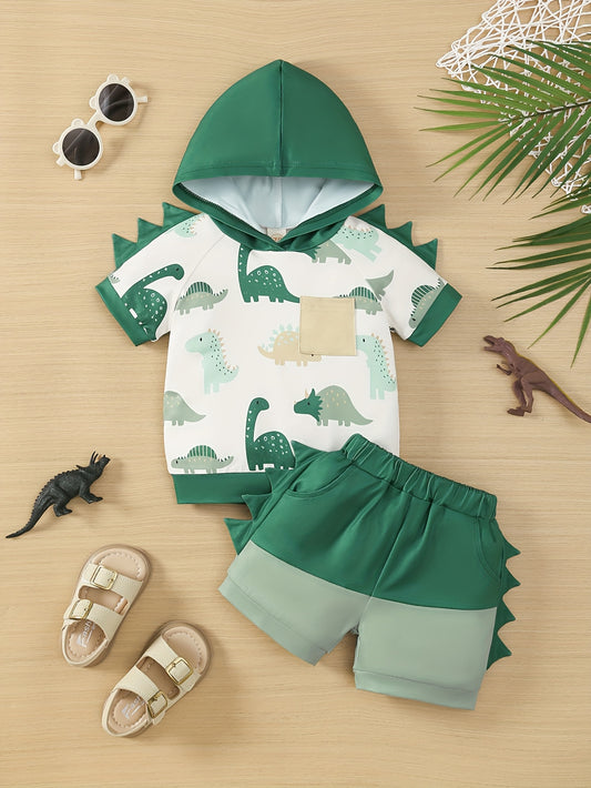 2pcs  Summer Color-Matching Hoodie with Cute Dinosaur