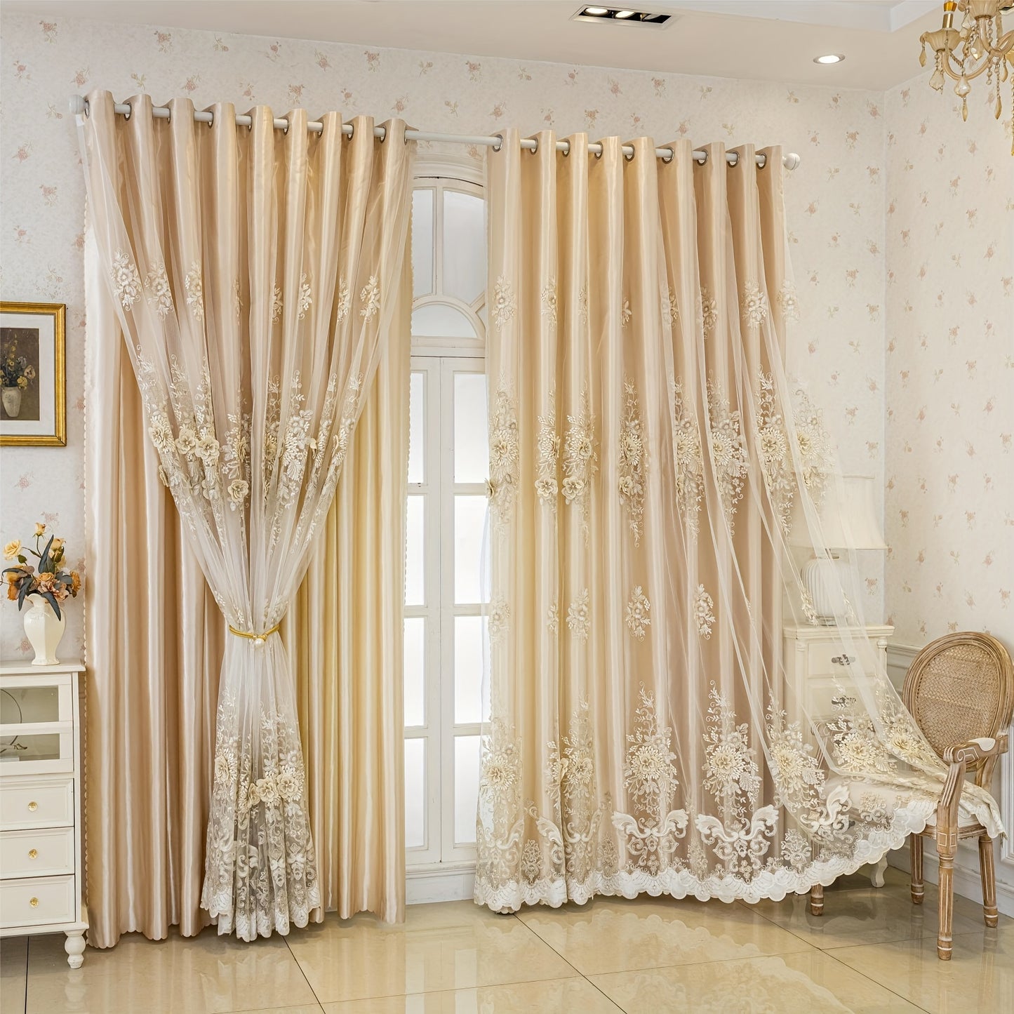 1pc Elegant Double-Layer Embroidered Curtain with Floral Patterns