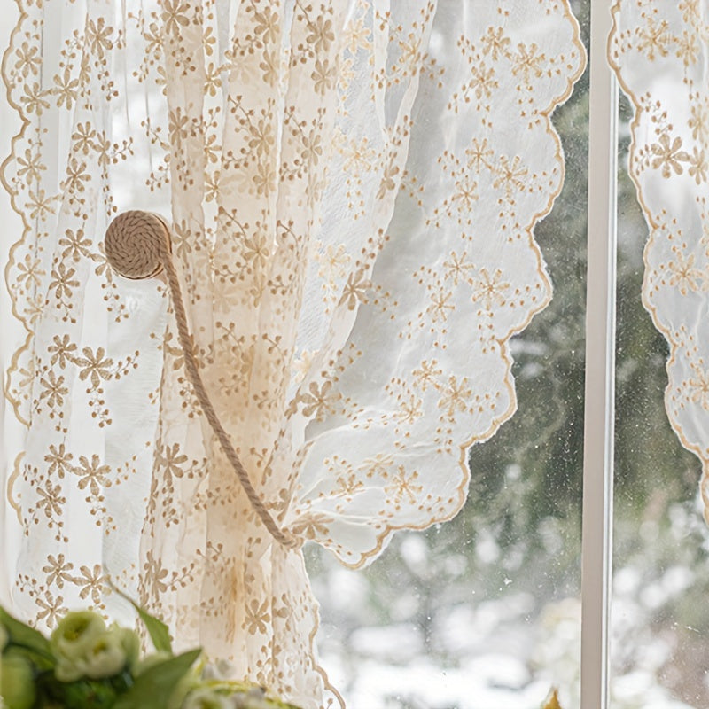 2PC French Style Lace Yarn Embroidered Sheer Tulle Curtains - Floral Pattern, Thermal Insulated, Rod Pocket Top for Living Room Kitand chen