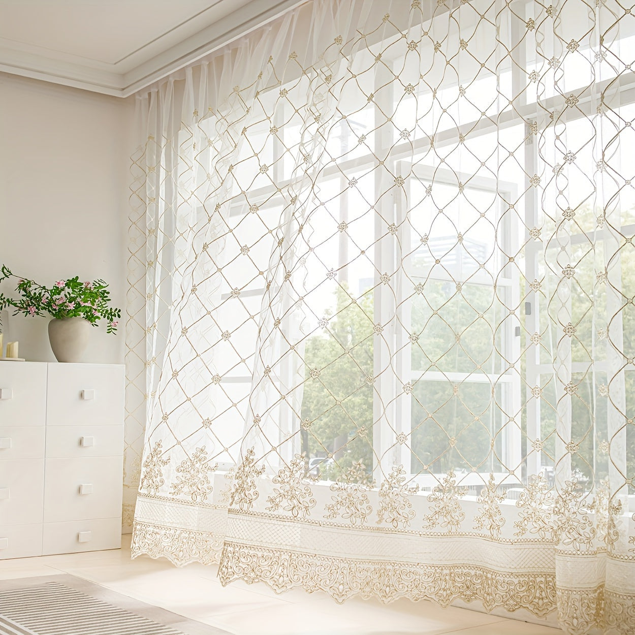 1PC French Grid Lace White Transparent Window Sheer, Rod Pocket Hook Multiple Hanging Ways