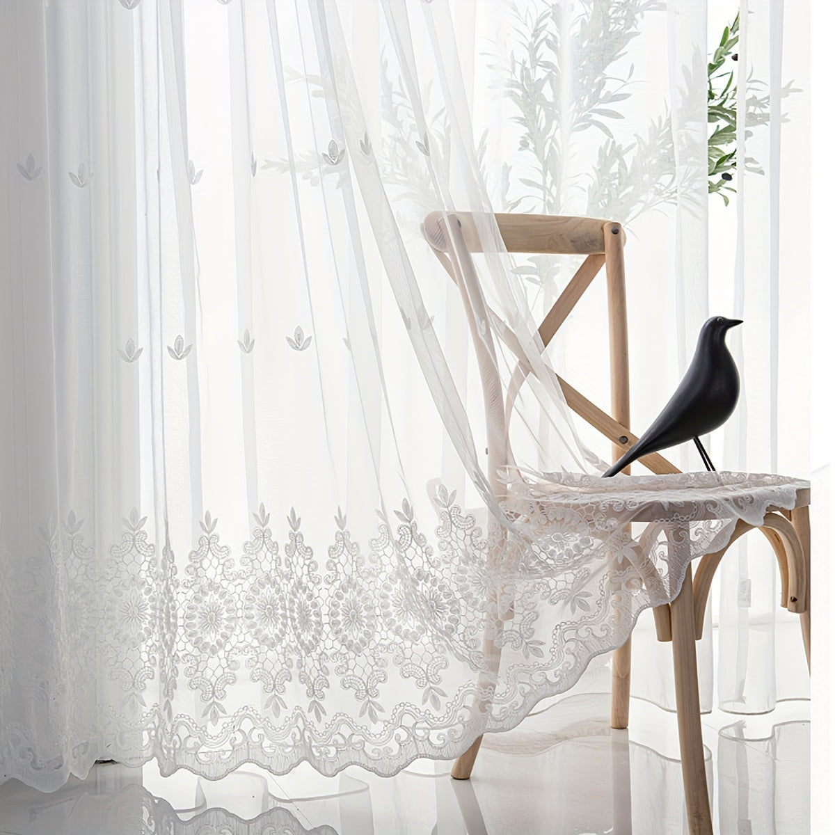 1pc Modern Embroidered Sheer Curtain Panel, 100% Polyester