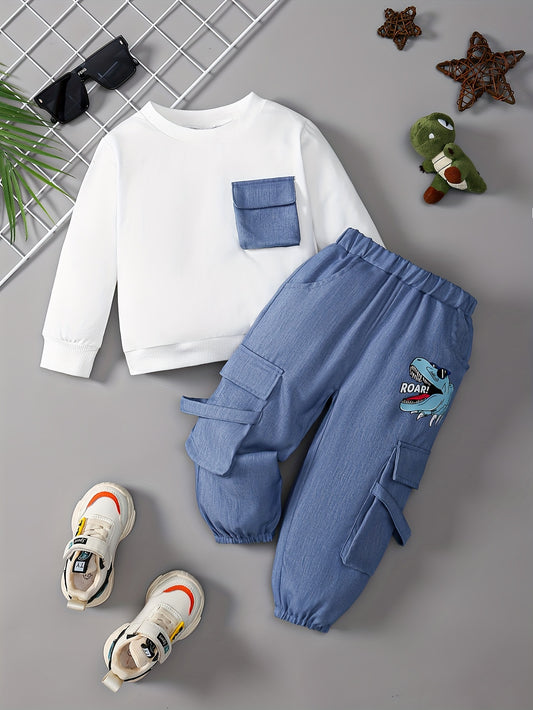 2pcs set  round neck sweatshirt with real pockets and dinosaur backpack print