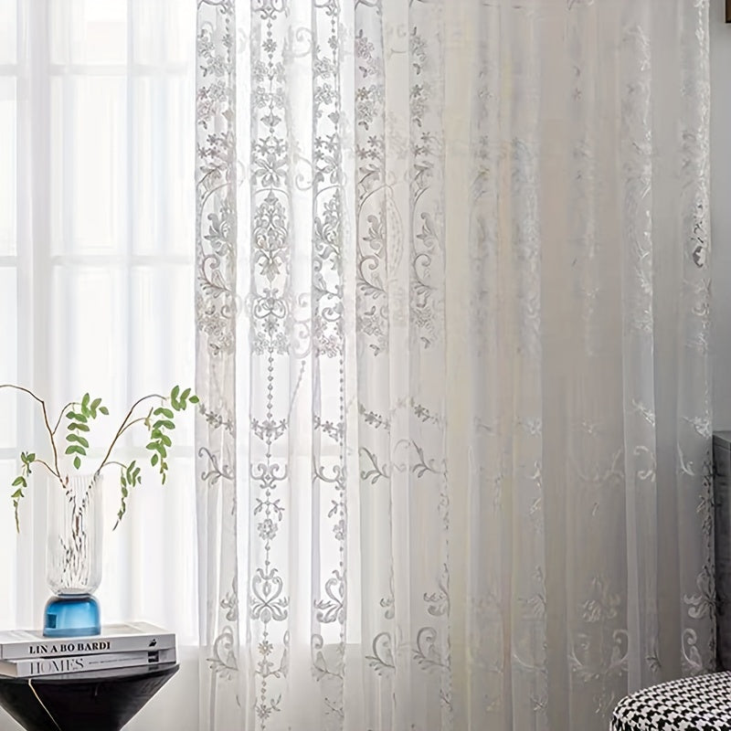 1pc Glam Embroidered Floral Grommet Top Curtain, Semi-Sheer Polyester Window Screen for Bedroom 120-140g