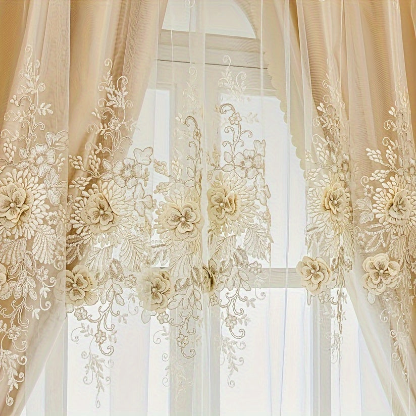 1pc Elegant Double-Layer Embroidered Curtain with Floral Patterns